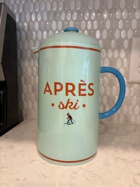 Anthropologie Mint Ceramic French Press with Blue Handle and Orange Accents